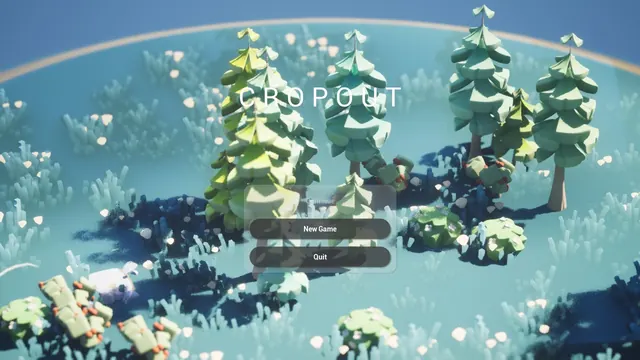 Epic's Cropout sample: the title screen, a small island of trees