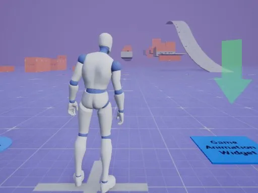 Epic's Game Animation Sample: the mannequin on a grid floor, a ramp curving away behind it