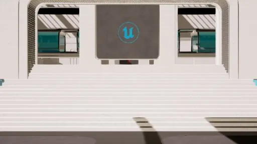 Epic's Lyra sample: a white hall with wide steps and the Unreal logo on the far wall
