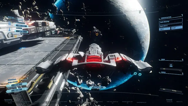 SpaceLancers: a fighter docked beside a ring station, with a moon behind it