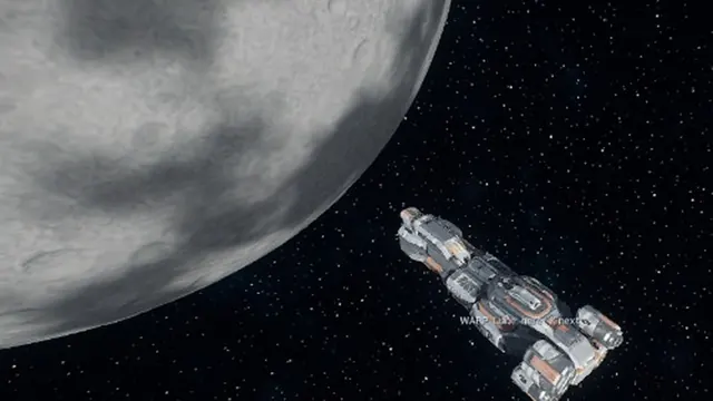 SpaceLancers: a ship passing a cratered moon